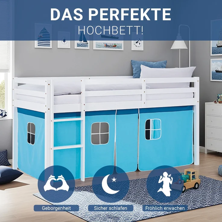 Hochbett Kinder 90x200 cm mit Lattenrost Kinderbett Kinderhochbett Stockbett Vorhang Blau Holz Massiv – Bild 4