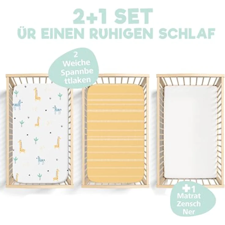 2X Spannbettlaken aus 100% Baumwolle mit Gummiband - 1X Matratzenschoner aus 100% wasserdichtem Material - 3er-Set - 50x83 cm - Savanne – Bild 3