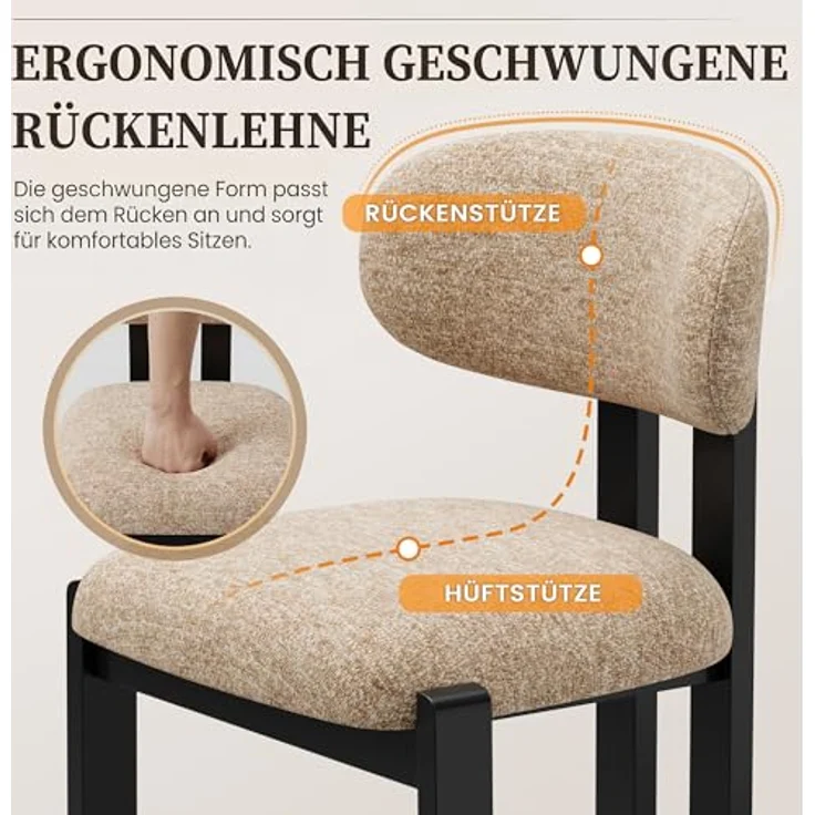 MALOL Esszimmerstühle 4er Set, Moderne Polsterstuhl Essstühle mit Fester Rückenlehne, Stoff Esszimmerstühl mit Holzbein für Esszimmer, Küche, Restaurant, Mit schwarzen Beinen, Kamel – Bild 4