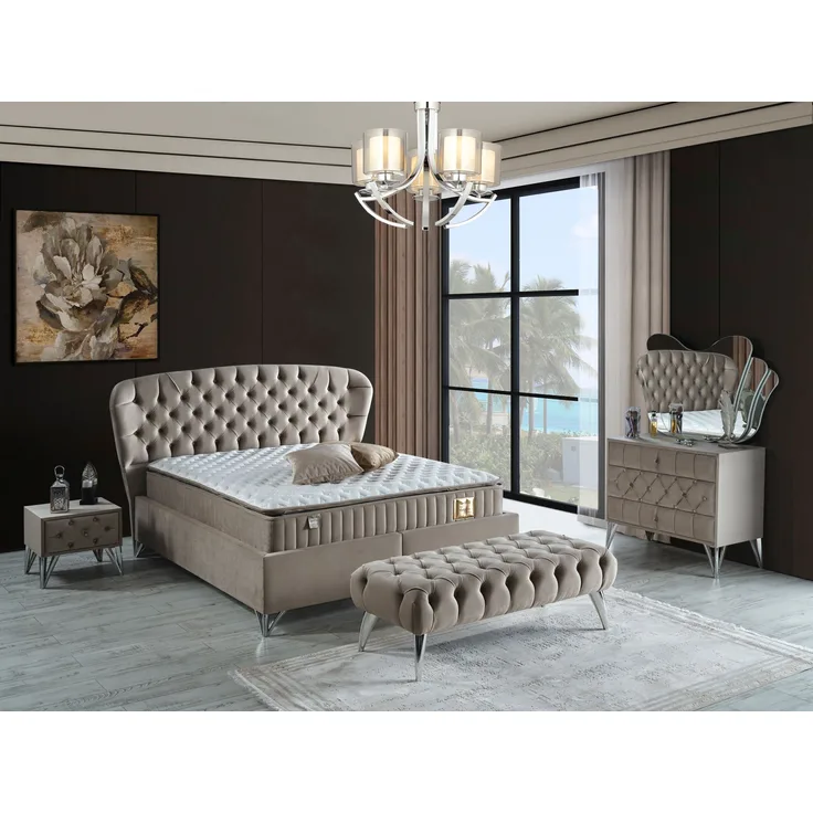 Schlafzimmer-Set "Bellana" – Bett mit Bettkasten und Matratze , Nachttisch, Kommode, Bettbank-Hellgrau