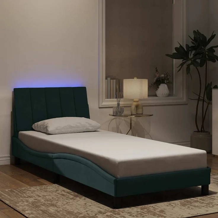 Einzelbettgestell Design für Erwachsene mit LED ohne Matratze Dunkelgrün 90x200 cm Samt d3539e – Bild 2