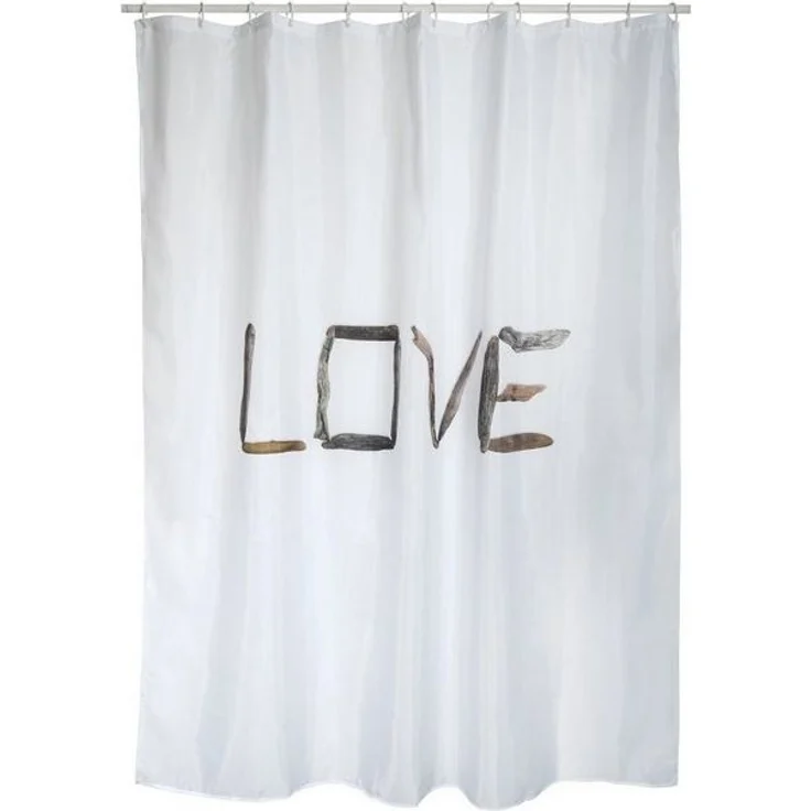MSV Duschvorhang LOVE Breite 180 cm, Textil-Duschvorhang, 100% Polyester, wasserabweisend, Anti-Schimmel-Effekt, waschbar 30°, angesagter Shabby Look, Farbe weiß / braun, 180x200 cm – Bild 4