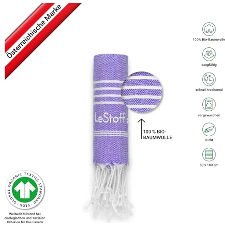 LeStoff Hamamtuch Ultra Violet, 100% Bio-Baumwolle, saugstark und schnell trocknend, vielseitig als Badetuch, Strandtuch, Saunatuch, 50 x 100 cm – Bild 3