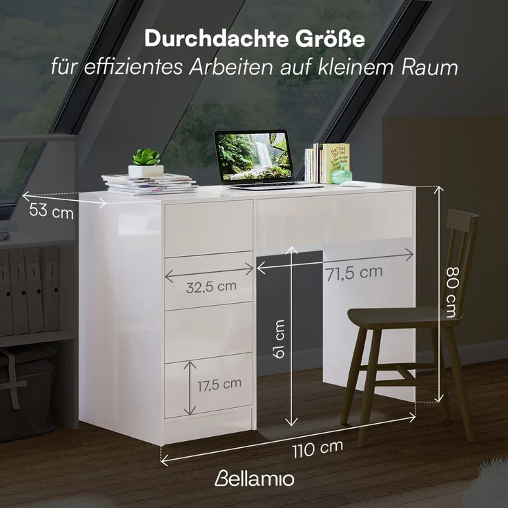 Bellamio 'Livny' Schreibtisch mit 5 Schubladen, beidseitig montierbar, weiß Hochglanz, 80x53x110 cm, Computertisch mit Stauraum, Bürotisch mit Push-to-open, geeignet als Schminktisch – Bild 7