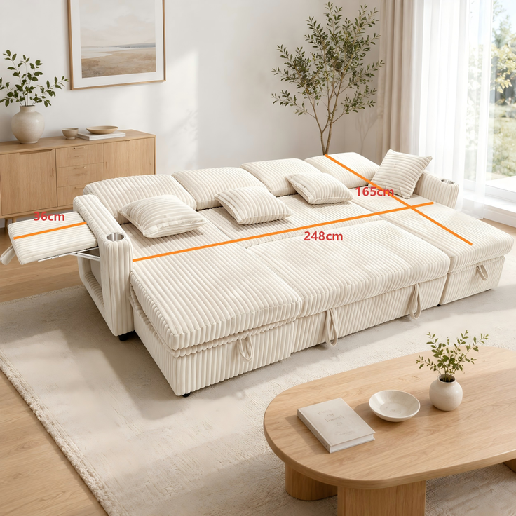 ZUBALIYA SchlafSofa mit USB - Anschluss, mit Stauraum, mit Ausziehbett, mit Cordbezug, modular aufgebaut, Beige – Bild 11