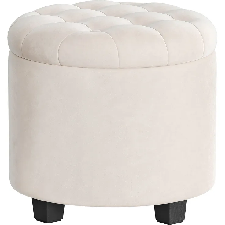 SONGMICS Sitzhocker rund, Fußhocker mit Stauraum, Schminkhocker mit Füßen, 45 x 45 x 44,5 cm, Samt, bis 150 kg belastbar, für Wohnzimmer Schlafzimmer, cremeweiß