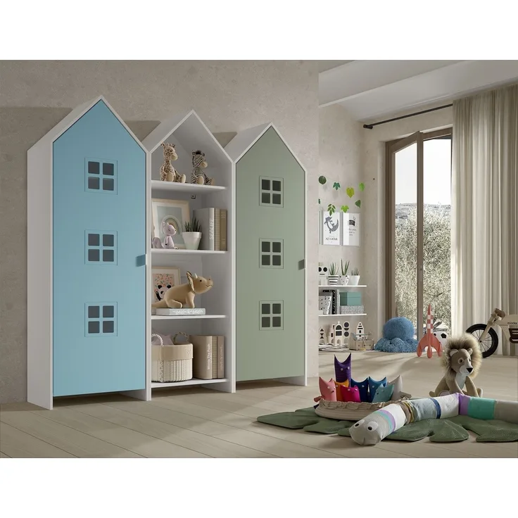 Kleiderschrank >CASAMI BRUGES< in Korpus Weiß / Front Blau u. Grün, MDF