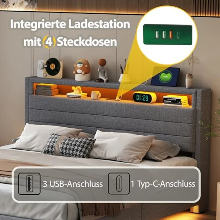 Ball & Cast Polsterbett 160x200 cm Schwebebett mit Beleuchtung, Wendbares Kopfteil und Ladestation, Bett 160x200 mit Stauraum, Modern Doppelbett mit Lattenrost, Grau – Bild 5