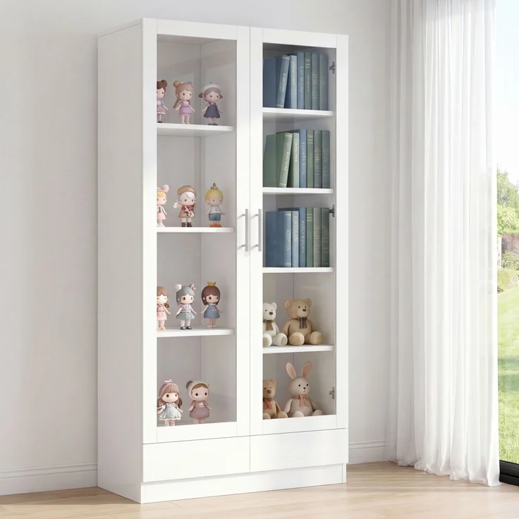 Glastürschrank, Aktenschrank, Figurenschrank, Büroschrank, Hochschrank & Aufbewahrungsschrank mit 2 Schubladen, Weiß, Maße 80×40×160 cm--Weiß--160x40x80cm--YOUDENOVA – Bild 9