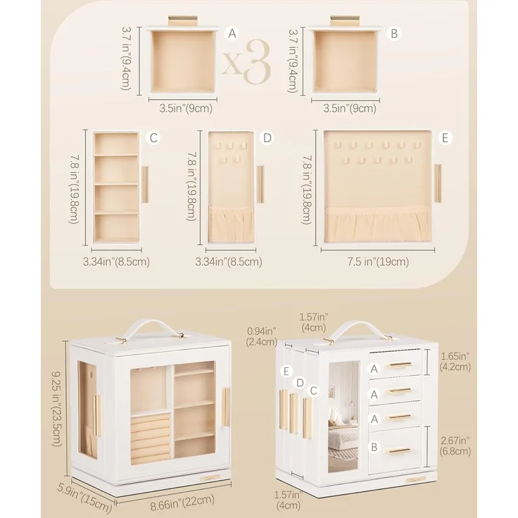 Yorbay Schmuckkasten 360° drehbar Schmuckkästchen mit 7 Schubladen, Fenster, Spiegel, 9 Bereichen, für Halsketten, Ringe, Armbänder, Ohrringe – Bild 6