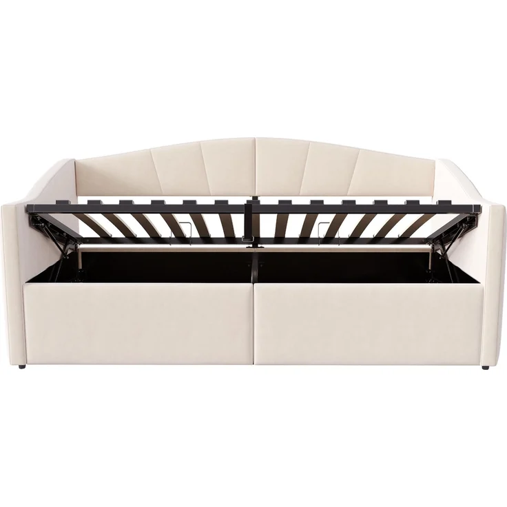 Polsterbett Schlafsofa, Samt mit Stauraum & Lattenrost, 90x200 cm, Beige, ohne Matratze – Bild 8
