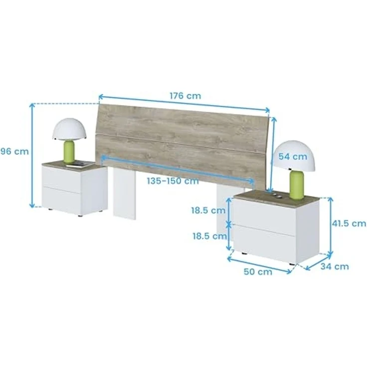 Habitdesign, modernes Kopfteil mit 2 Nachttischen – Schlafzimmer-Set für Doppelbett (135–150 cm) in Artik weiß & Eiche Alaska, viel Stauraum, Maße: 276 x 96 x 34 cm (B x H x T), Modell New Dreams – Bild 6