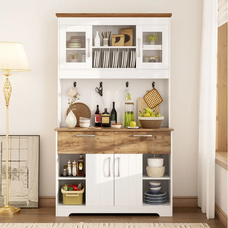 DESVIAE Sideboard mit Vitrinenfächern und 2 Schubladen 106x176,5x39 cm Spanplatte Weiß/Holzfarben – Bild 4