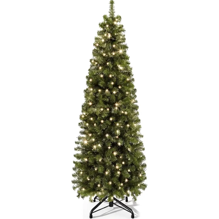YITAHOME 180cm Künstlicher Weihnachtsbaum Schmal mit 200 LED Beleuchtung, ca. 700 Spitzen, Naturgetreu Tannenbaum mit Klappsystem & Metallständer, Schnellaufbau für Zuhause Geschäfte, 182 x Φ65cm
