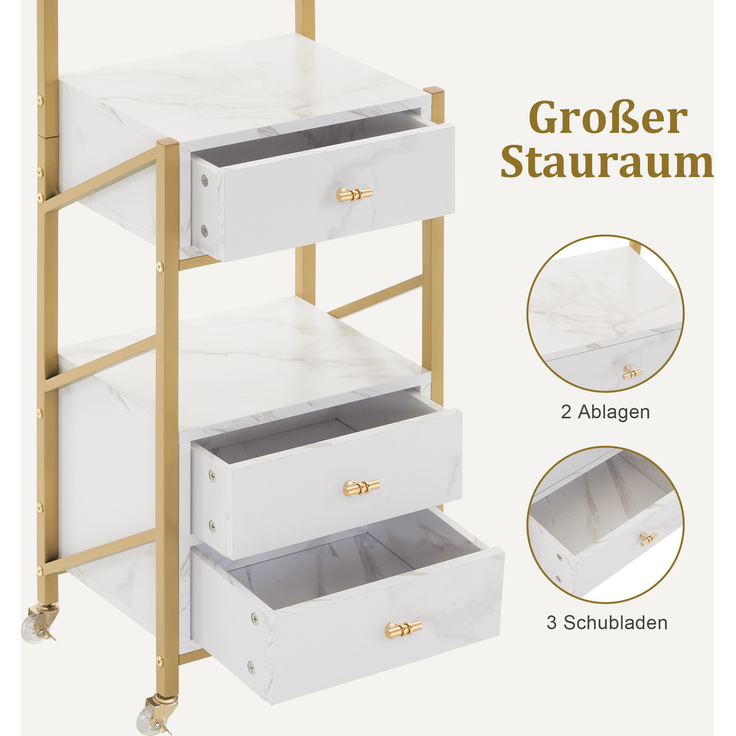 M MCombo Friseurwagen mit Rollen & 3 Schubladen, Rollwagen Servierwagen Weiß-Gold, Salon Trolley mit 2 Ablagen & 2 Föhnhalter, Moderner Arbeitswagen für Bad Wohnzimmer 0048 – Bild 5