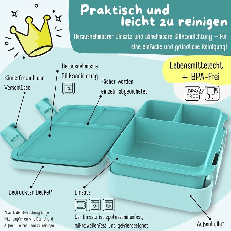 BEARFOOT Lunchbox Brotdose mit Fächern, leicht & auslaufsicher - Schildkröte, PP, ABS, Silikon, Kindergarten und Schule - Mädchen und Jungen, Vesperbox, Snackbox – Bild 3