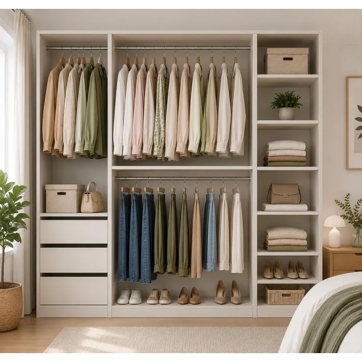 Marmex Möbel TRES SET J Kleiderschranksystem, offener Kleiderschrank mit Kleiderbügeln, Regalen, Schubladen, multifunktionales Kleiderschrankset für Schlafzimmer, laminierte Spanplatte, graubeige cashmere, 210x206x51 cm – Bild 2