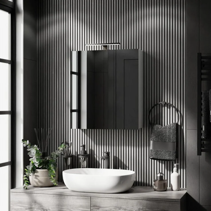 Planetmöbel Badezimmerspiegelschrank Spiegelschrank Merkur (Spiegelschrank Gäste WC 60x67x16 cm, Badschrank hängend mit Spiegel & LED-Leuchte schwarz) 60 cm breit, 2 Türen, 6 Fächer – Bild 2