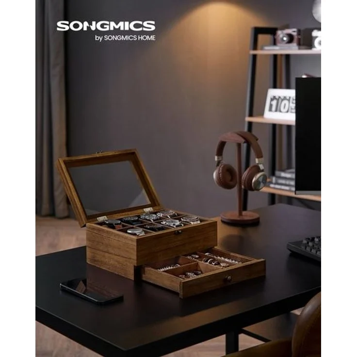 SONGMICS Uhrenbox mit 8 Fächern, Uhrenkasten aus Massivholz, mit Glasdeckel, Uhrenkissen, Schmuckaufbewahrung, Geschenk für Ihre Liebsten, walnussfarben JOW008K01 – Bild 2
