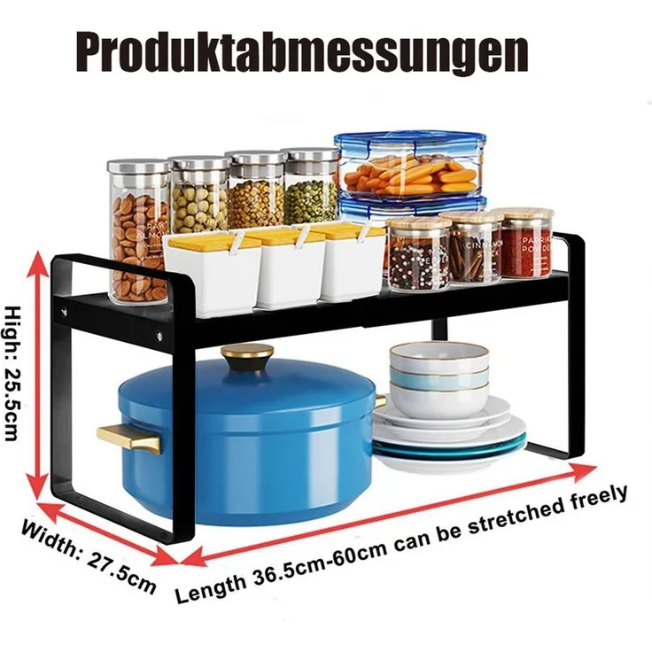 TUWENA Küchenregal Erweiterbarer Küchenregal Organizer, Küchengewürzregal Schrankregal, Schrankregal Ausziehbares 36-64cm, Ideal Tischregal oder Gewürzregal