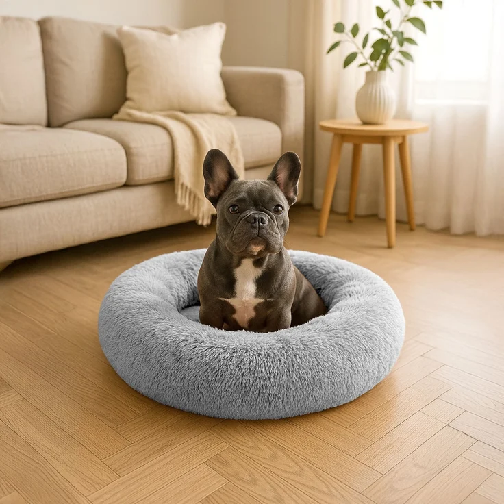belviona Donut-Hundebett, kuscheliges Plüschbett mit weicher Füllung, sicherem Halt & ergonomischem Rand, 70 cm Durchmesser, hellgrau – Bild 1