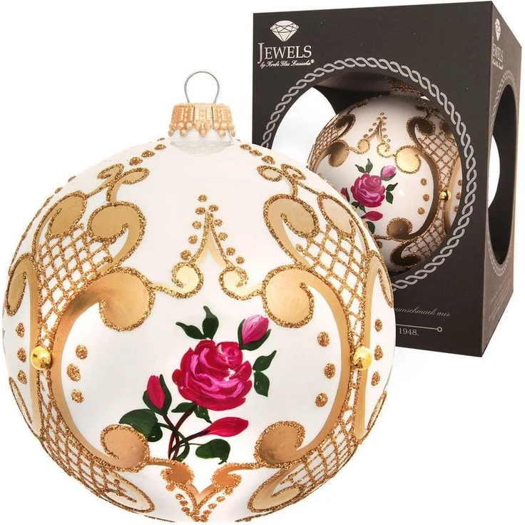 Krebs Glas Lauscha Weihnachtsbaumkugel weiße Glaskugel mit Rosendesign - im Barock-Stil - ca. 10 cm, für klassische wie moderne Weihnachtsdekoration – Bild 2