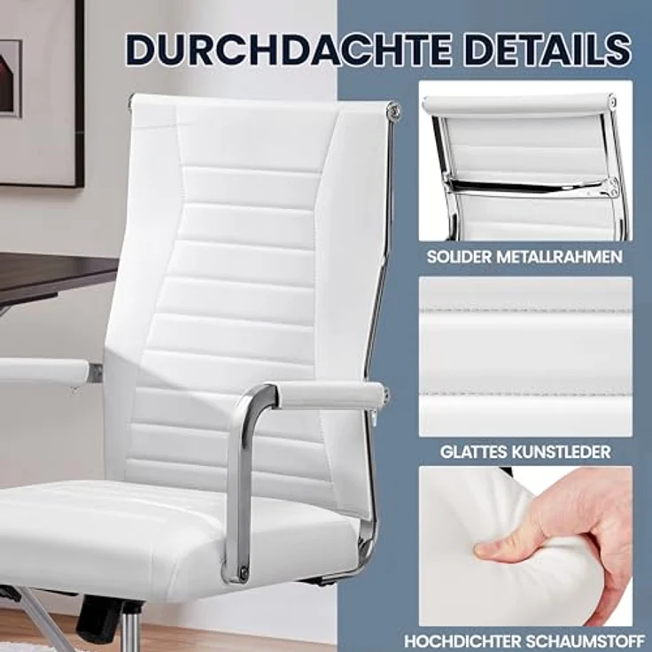 Yaheetech Bürostuhl ergonomischer Schreibtischstuhl mit Armlehnen, Chefsessel Computerstuhl hoher Rückenlehne, Arbeitsstuhl mit Wippfunktion bis 136 kg Belastbar Weiß – Bild 7