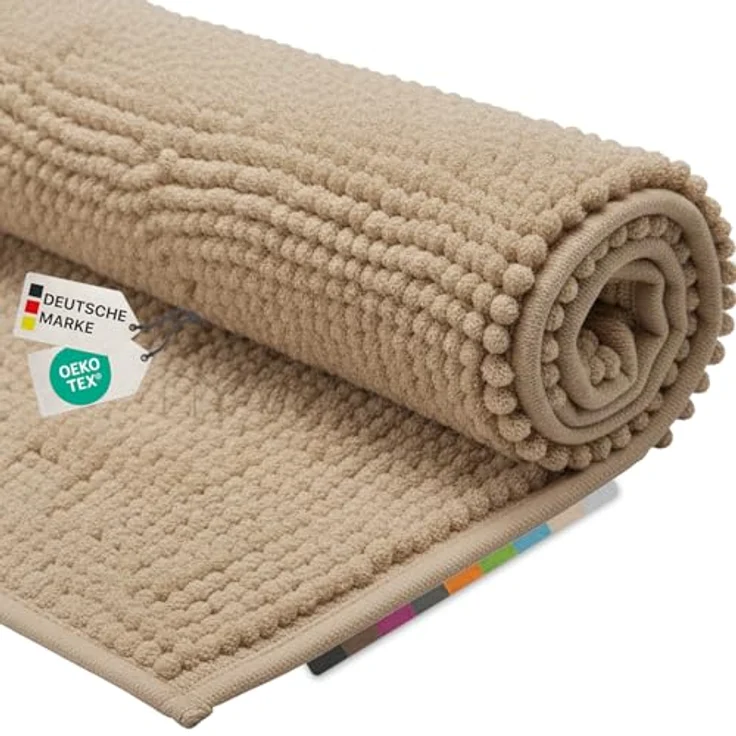 NYVI NYVISpa Badematten Set 2-teilig, Chenille 45x50 + 50x80 cm, Beige - rutschfest, saugfähig, schnell trocknend, Fußbodenheizung geeignet, Oeko-TEX – Bild 1