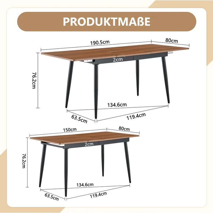 Esstisch aus MDF mit Metallgestell, 190,5/150x80x76,2 cm, Walnuss – Bild 5