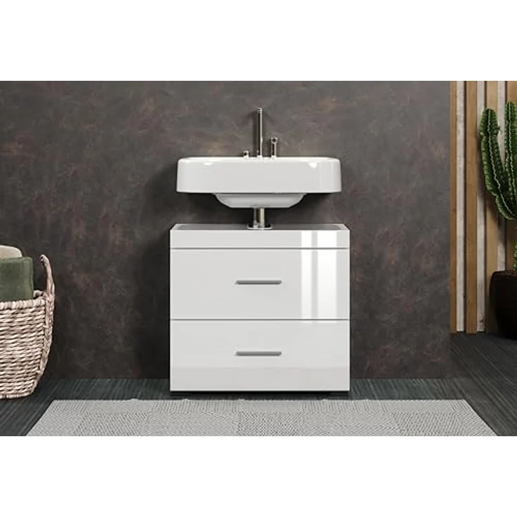 trendteam smart living – Amanda – Waschbeckenunterschrank – Weiß/Weiß Hochglanz – 2 Schubladen mit Vollauszug - (BxHxT) 60 x 56 x 34 cm - Kratzfest & pflegeleicht – Bild 3