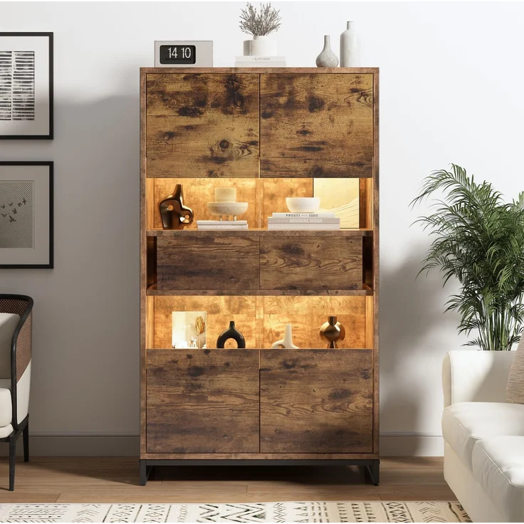 DESVIAE Vitrine mit LED-Beleuchtung, 2 Schubladen, 80x138x40 cm, MDF, Schwarz/Holzmaserung – Bild 2