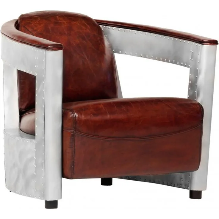 Casa Padrino Echt Leder Art Deco Sessel Chrom / Braun - Club Sessel - Lounge Sessel - Vintage Leder