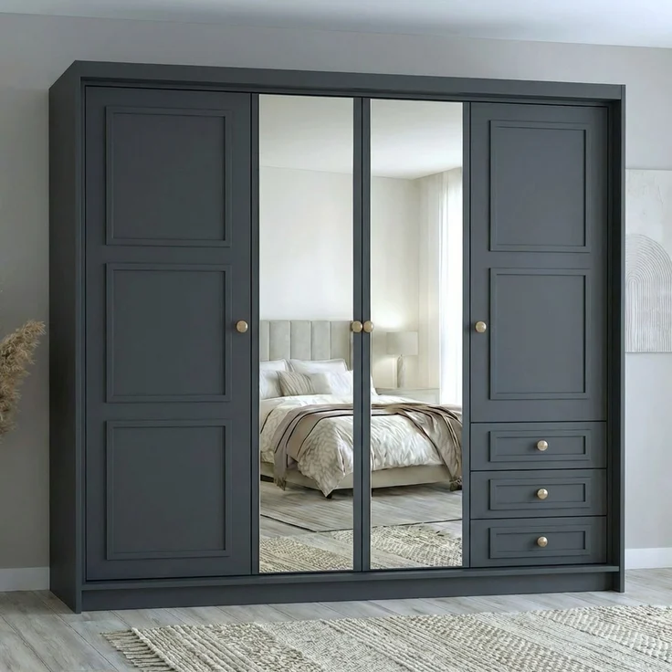 Drehtürenschrank OSLO viertüriger Kleiderschrank mit Schubladen und Metallgriffen – Bild 1