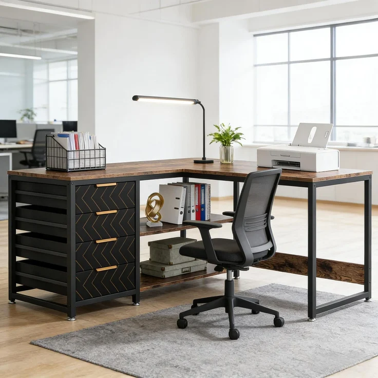 Stilvoll Computertisch,Bürotisch,Arbeitstisch,Eckschreibtisch,L-förmiger Schreibtisch (nur Tisch)--Schwarz, Rustikales Braun--150x110x75cm--YOUDENOVA – Bild 4