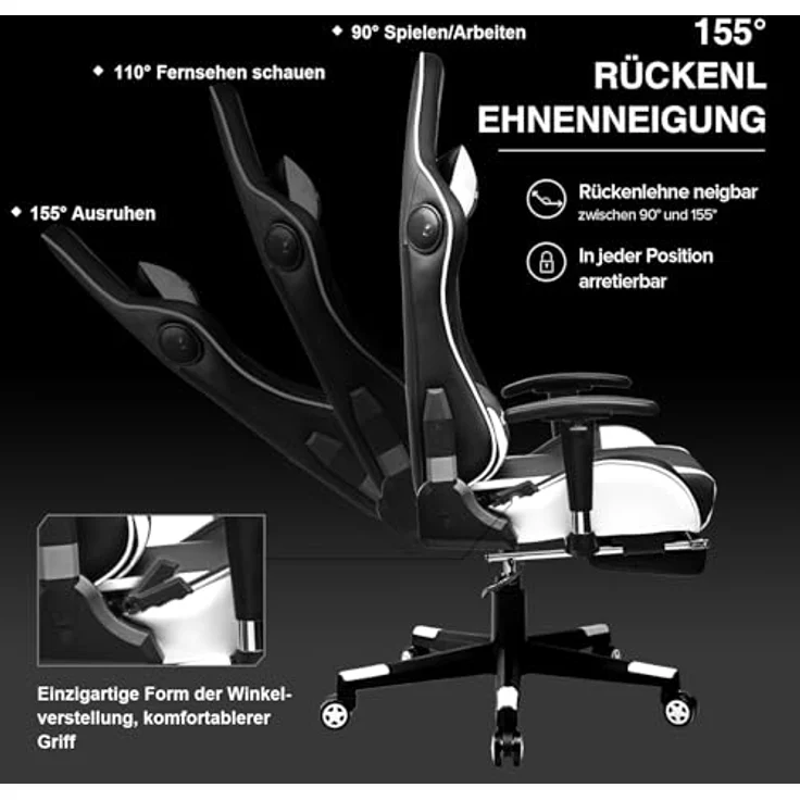 GTPLAYER Gaming Stuhl Gamer Stuhl mit Fußstütze Bluetooth Lautsprecher Ergonomischer Bürostuhl Computerstuhl Schreibtischstuhl PC Stuhl mit verstellbare Rückenlehne 150 kg Belastbarkeit weiß – Bild 10