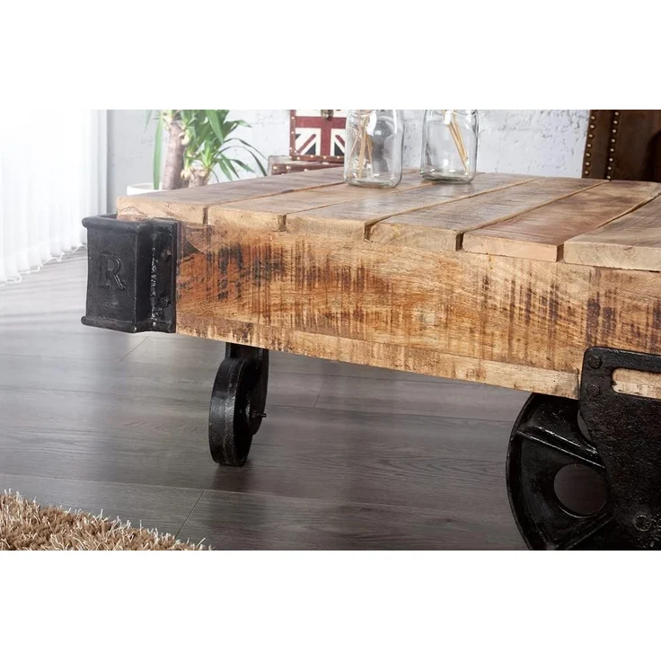 riess-ambiente Couchtisch RAILWAY 120cm natur / schwarz, Wohnzimmer · Massivholz · Metall · auf Rädern · Industrial – Bild 8
