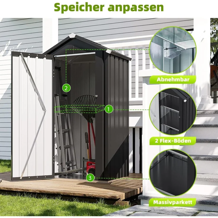 Aoxun Metall-Gartenschuppen 88x69x160cm mit Bodenplatte & 2 Ablagen | verstellbaren Ablagen, kompakter Gartenschrank wetterfestes Metall mit abschließbarer Tür für Balkon Terrasse Garten,Schwarz – Bild 3