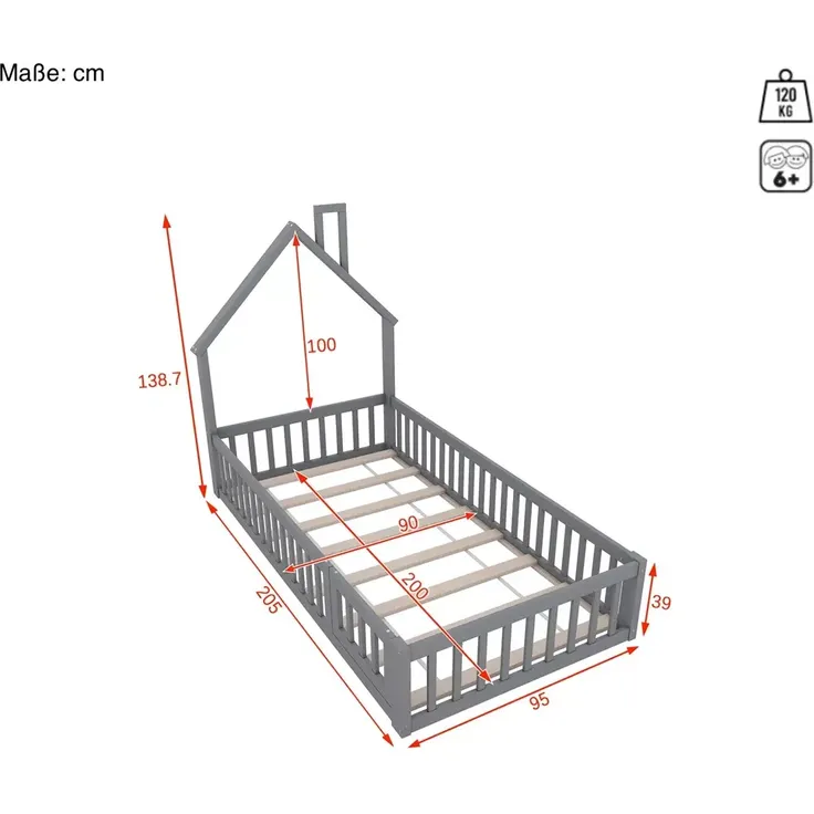 Hausbett mit Lattenrost und Rausfallschutz, 90x200 cm, Kinderbett, Jugendbett, Kiefer – Bild 4
