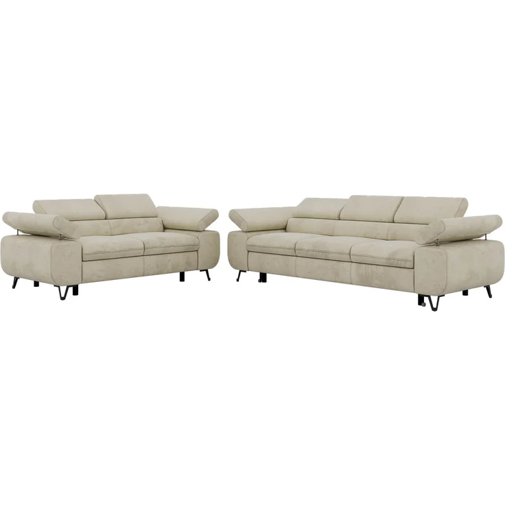 Sofagarnitur PETER 2-3 mit Schlaffunktion, verstellbare Kopfstützen und Armlehnen, freistehend, Wellenfederung, Couchgarnitur - Beige Velvet – Bild 9