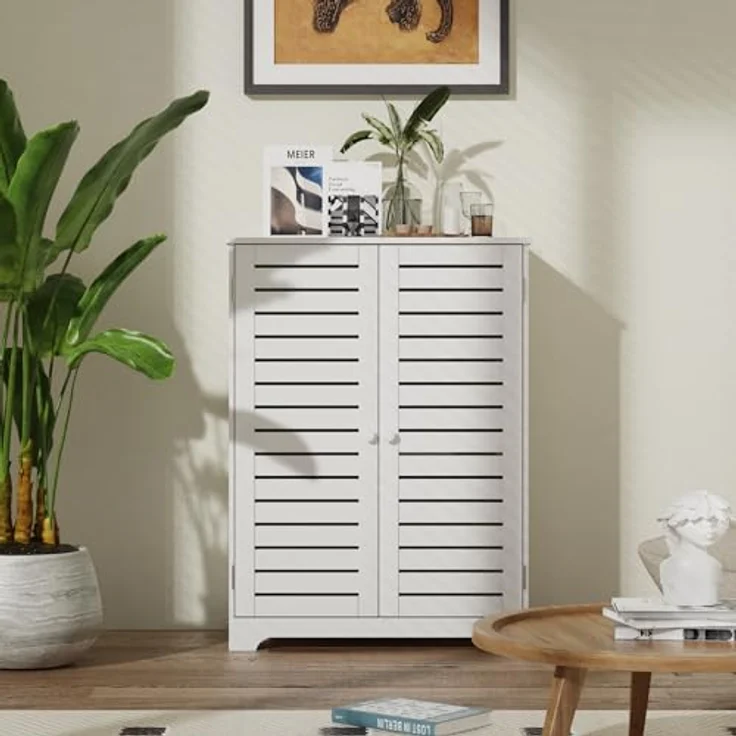 Mondeer Badkommode Badezimmerschrank, mit 2 Lamellentüren und 2 Einlegeböden,60 x 30 x 80 cm, Weiß – Bild 3