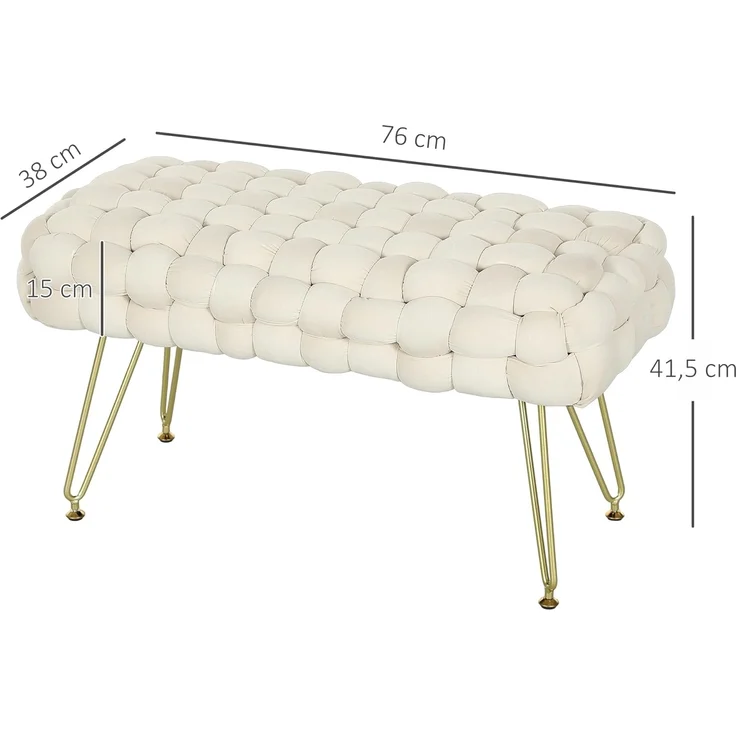 HOMCOM Fußhocker mit Samtoptik, gepolstertem Sitz, Metallbeine, Fußstütze (Sitzhocker, 1 St, Polsterhocker), für Wohnzimmer, Schlafzimmer, 76 x 38 x 41,5 cm, Cremeweiß – Bild 2