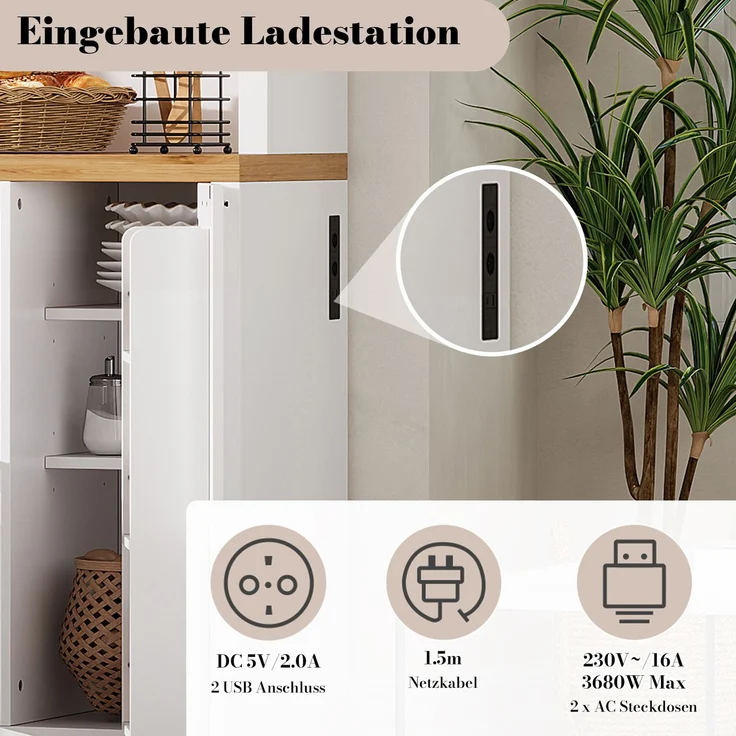 Abrihome Küchenschrank Hochschrank mit LED, Steckdosen, Vitrine, 3 Schubladen, Weiß, 120x40x182 cm – Bild 5