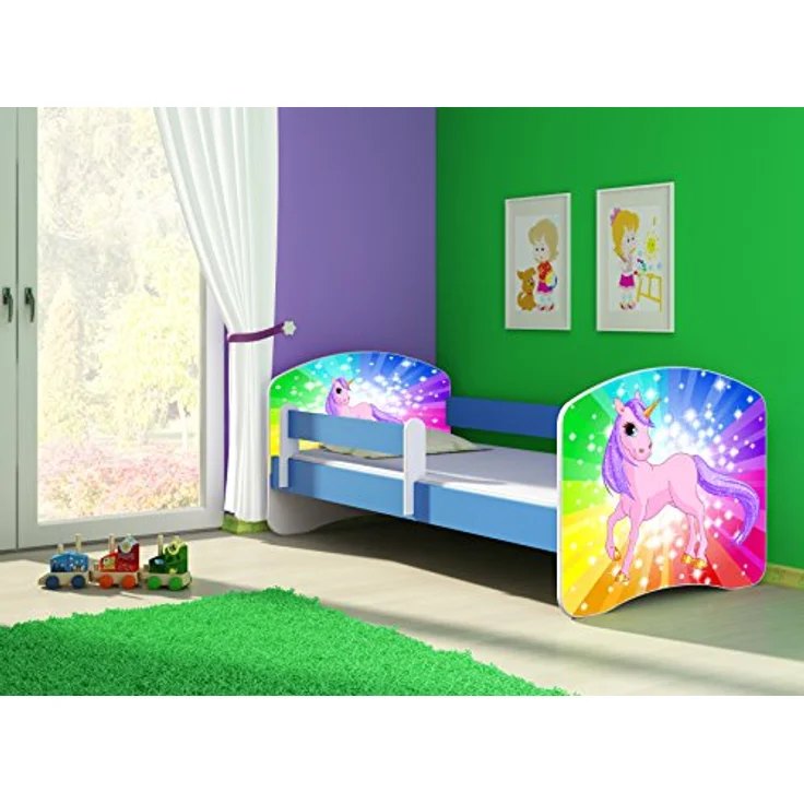ACMA Kinderbett Jugendbett mit Einer Schublade und Matratze Blau mit Rausfallschutz Lattenrost II 140x70 160x80 180x80 (18 Pony Regenbogen, 160x80) – Bild 3