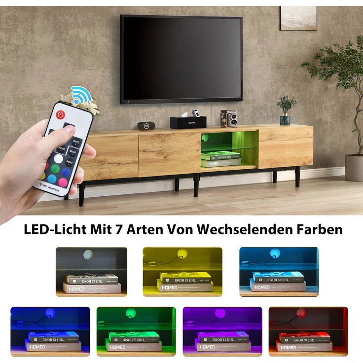 Moderner TV-Schrank aus MDF mit Holzmaserung, 175 x 31 x 41 cm, variable LED-Leuchten in 7 Farben, 175x31x41cm, Helle Eiche – Bild 7