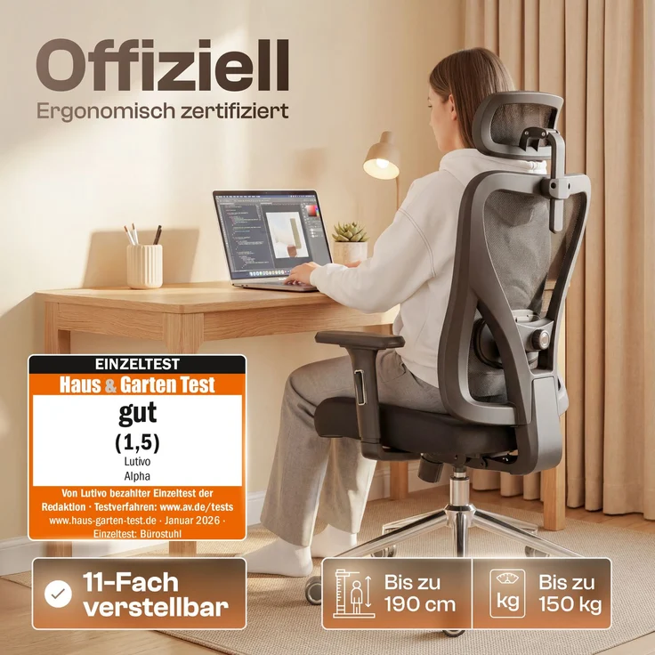 LUTIVO Alpha, ergonomischer Bürostuhl, Rückenlehne mit Mesh Bezug, 3D-Armlehnen, 3D-Kopfstütze, FluxWheels, Schwarz – Bild 2