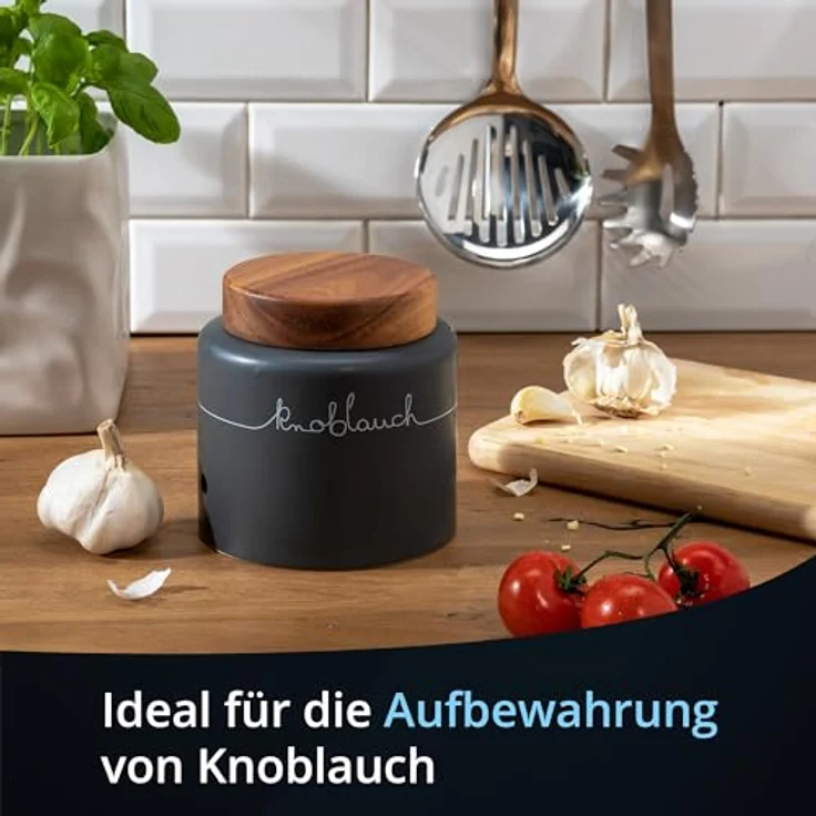 KHG Knoblauch Aufbewahrung Keramik Steingut poliert, Anthrazit Grau Holz-Deckel Bambus, Knoblauchdose Kapazität 250 g oder 1,5 Liter, rund & mit Beschriftung, Knoblauch Behälter Höhe 13,5 cm & 13,5 cm – Bild 3