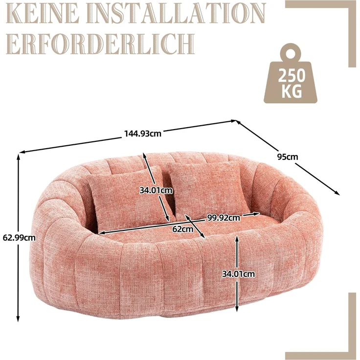 LVHOM Sitzsack XXL, Bean Bag mit Sitzpuff, Bodensofa mit 2 Kissen, 2-Sitzer-Sofa aus Chenille, 145x95x63cm – Bild 7