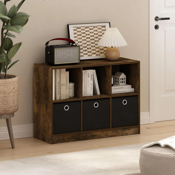 Furinno Basic 3x2 Bücherregal mit Stauraum und Fächern, Bernsteinkiefer/Schwarz – Bild 2