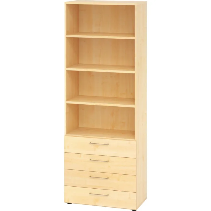 bümö smart Schubladenschrank, Büroschrank 80cm breit in Ahorn mit 4 Schüben & 4 Regalfächern - Bürocontainer aus Holz, Container mit Metallgriffen & Soft-Stop Schubladen, 968S4-3-3-BS