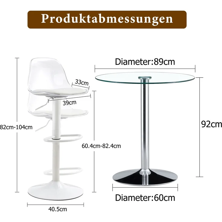 Bartisch-Set mit Glasplatte, 2 drehbaren Barhockern, Ø 89x92 cm, transparent/weiß – Bild 4
